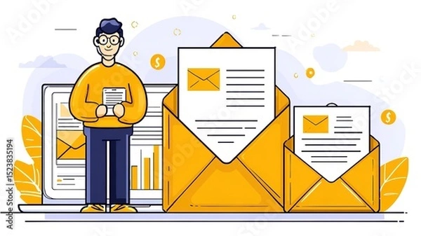 Fototapeta Digital marketer using laptop and smartphone for email marketing, sending newsletters and analyzing campaign performance to engage subscribers with personalized content