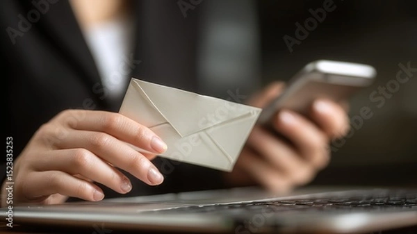 Fototapeta Digital marketer using laptop and smartphone for email marketing, sending newsletters and analyzing campaign performance to engage subscribers with personalized content