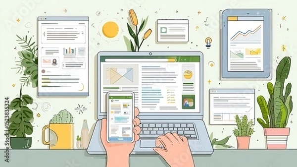 Fototapeta Digital marketer using laptop and smartphone for email marketing, sending newsletters and analyzing campaign performance to engage subscribers with personalized content