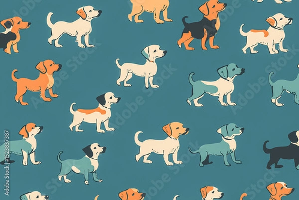 Fototapeta Hundreds of small puppies in a retro decoration texture, ideal for interior and packaging design.