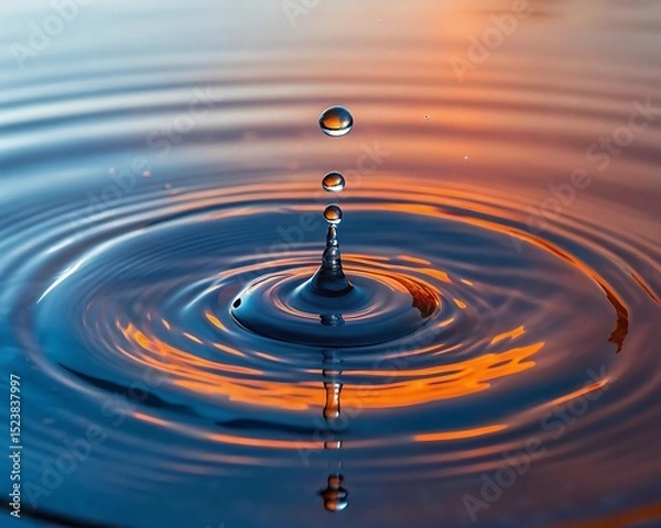 Fototapeta blue water droplet creating circular ripples with orange light