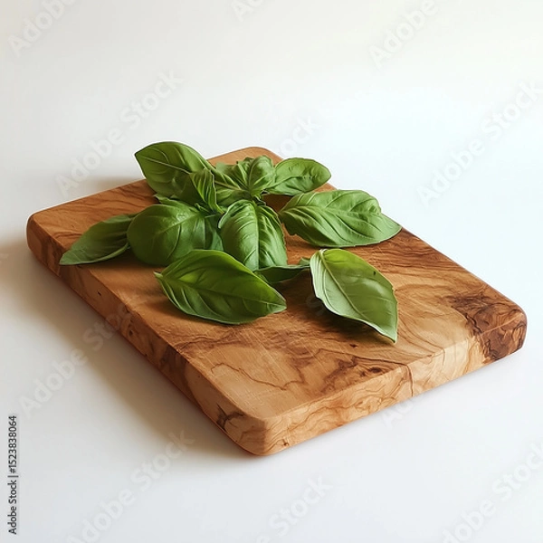 Fototapeta Fresh basil leaves arranged on a wooden chopping board, green and aromatic