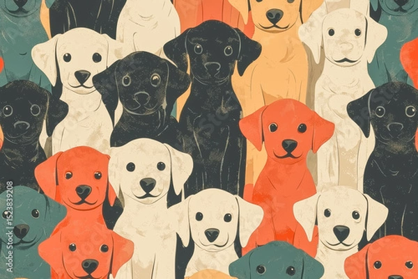Fototapeta Hundreds of small puppies in a retro decoration texture, ideal for interior and packaging design.
