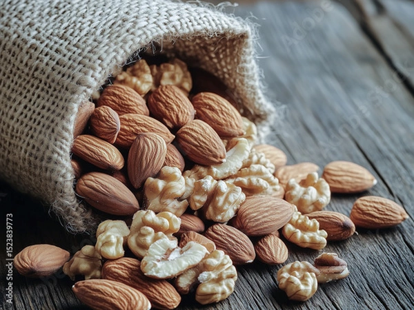 Fototapeta Almonds and walnuts spilling gently out of a burlap sack onto a wooden surface