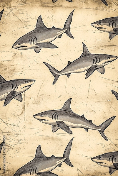 Fototapeta Nostalgic retro texture with minute shark shapes, displayed in pastel tones