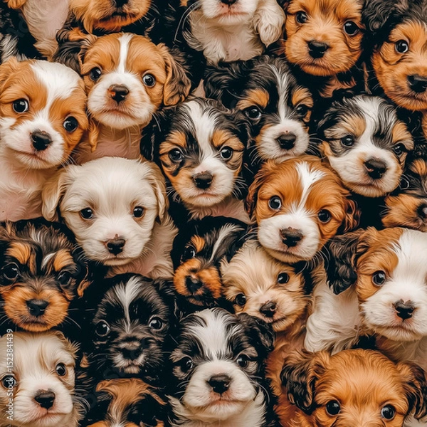 Fototapeta Hundreds of adorable small puppies forming a seamless retro texture for packaging design.