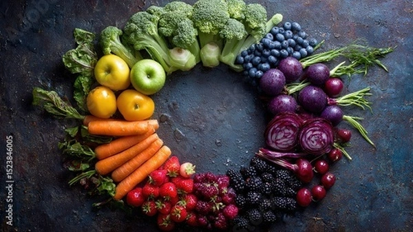 Fototapeta Colorful fruits, berries and vegetables in a circular arrangement, celebrating nature's vibrant bounty