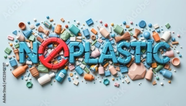 Obraz No Plastic message created with various objects and colors.