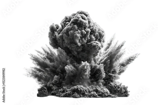 Obraz A dramatic, black and white explosion of dark smoke and debris, radiating outwards from a central point