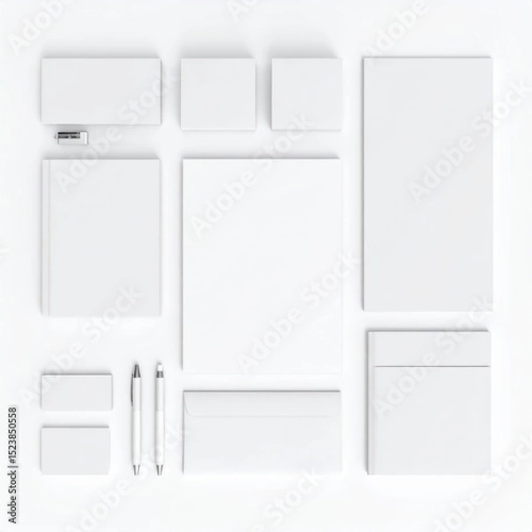 Fototapeta Minimalist blank stationery mockup arranged neatly on a clean white background, ideal for branding designs.