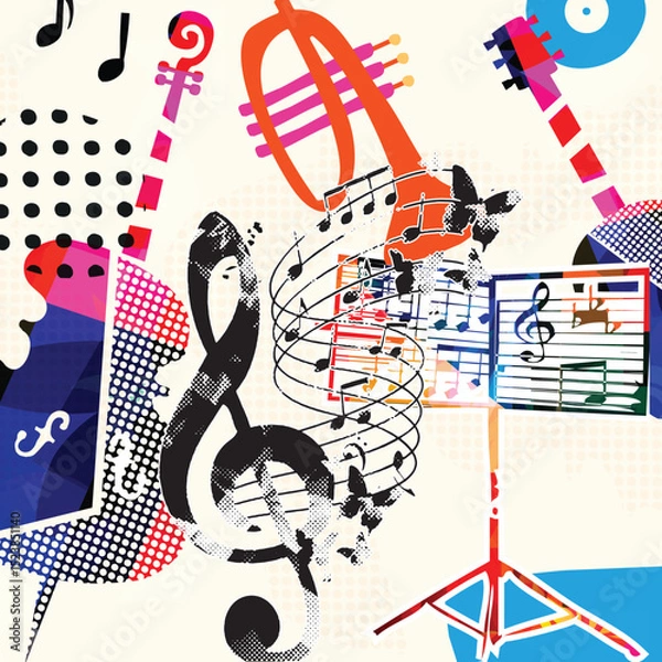 Obraz Abstract Music Background, vector illustration. Collage with musical instruments	