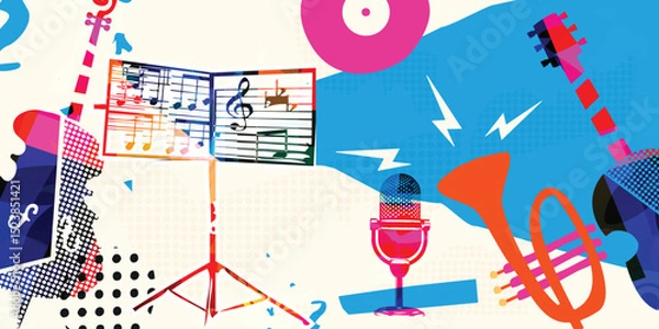 Obraz Abstract Music Background, vector illustration. Collage with musical instruments	