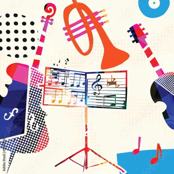 Obraz Abstract Music Background, vector illustration. Collage with musical instruments	