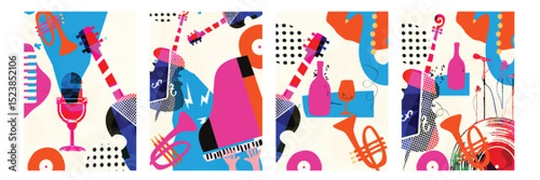 Obraz Abstract Music Background, vector illustration. Collage with musical instruments	