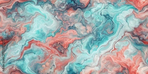 Fototapeta Abstract art with flowing turquoise and coral colors creating a marbled effect in a fluid design background