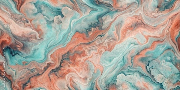 Fototapeta Abstract painting with swirls of teal and peach colors creating a fluid marble like texture art piece background