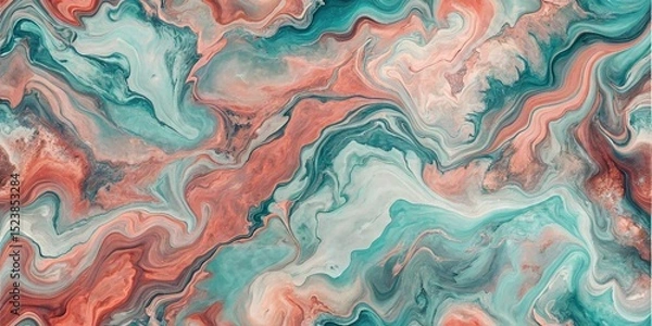 Fototapeta Abstract swirling pattern with shades of teal and peach creating a fluid marble effect design art background