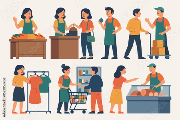 Fototapeta Vector Collection of Shop Worker and Customer Characters in Various Actions Vector Illustration
