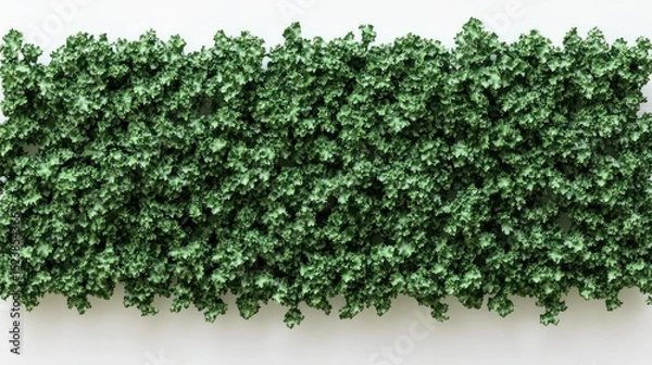 Fototapeta Overhead view of a dense, green, leafy wall, possibly artificial, against a plain white background.  The leaves are small and tightly packed, creating a uniform texture