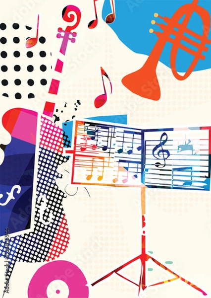 Obraz Abstract Music Background, vector illustration. Collage with musical instruments	