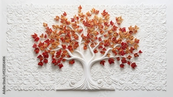 Fototapeta Intricate white relief background showcases a 3D sculpted tree with autumnal foliage in shades of red and orange