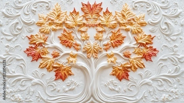 Fototapeta Intricate white bas-relief with a central tree motif, featuring orange and yellow leaves, surrounded by ornate swirling designs