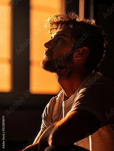 Fototapeta Portrait of a young man sitting in front of a window. he is wearing a white t-shirt and has a beard. the man is looking up towards the sky with a thoughtful expression on his face.