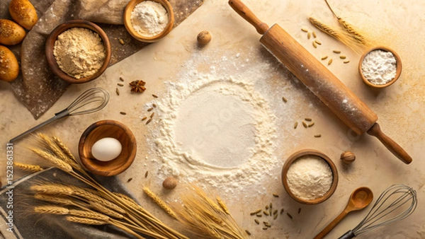 Fototapeta Baking background for signatures. Flour, wheat, eggs, rolling pins, baking supplies on a beige surface. For bakery advertisements, recipe blogs, cookbooks, menu design, packaging