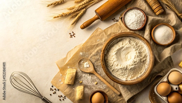 Fototapeta Baking background for signatures. Flour, wheat, eggs, rolling pins, baking supplies on a beige surface. For bakery advertisements, recipe blogs, cookbooks, menu design, packaging