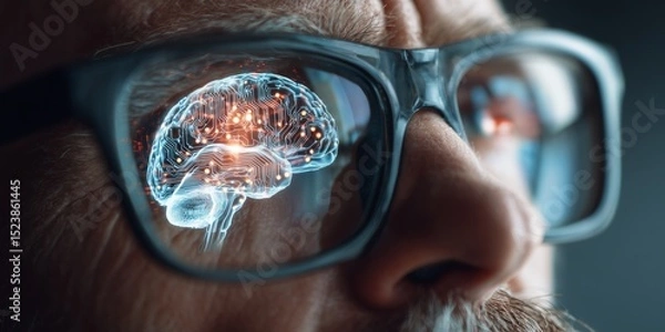 Obraz Engineer analyzing artificial intelligence with digital brain reflection for advanced technology insights