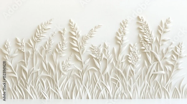 Fototapeta Textured, raised, white field of stylized, embossed wheat and grasses on a white wall