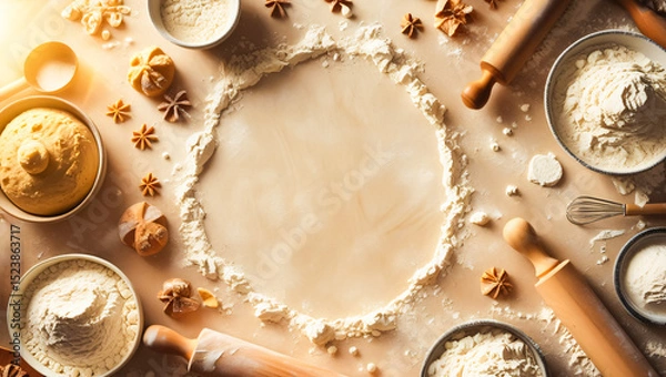 Fototapeta Baking background for signatures. Flour, wheat, eggs, rolling pins, baking supplies on a beige surface. For bakery advertisements, recipe blogs, cookbooks, menu design, packaging