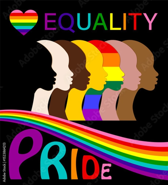 Obraz Equality, Pride month, Silhouettes of people and LGBTQ set, people portrait vector logo for website, banner gay pride concept, colorful rainbow sign vector isolated on black background