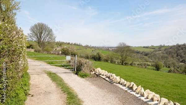 Obraz View of a country road through farmland fields and a closed metal access gate to a farm
