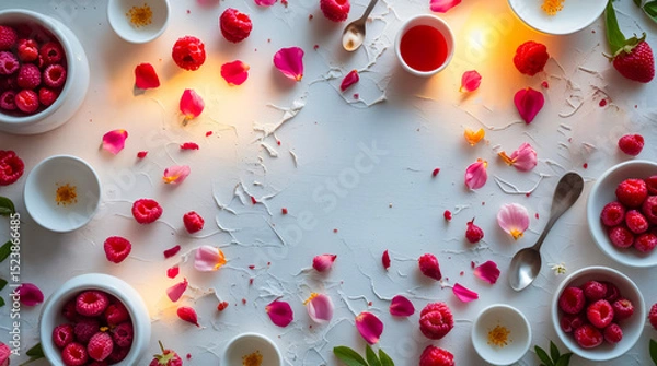Fototapeta Raspberries in white bowls, surrounded by flower petals and spoons, arranged on a light background with empty central space for signatures,  food blogs, dessert menus, and culinary advertising