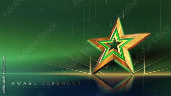 Fototapeta 3D golden star against the backdrop of northern lights and glitter. Green luxury background with award ceremony scene element design concept. Vector illustration.