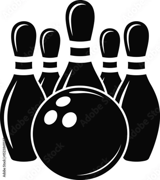 Obraz Bowling Ball and Pins Silhouette – Classic Black and White Vector Illustration with Transparent Background.