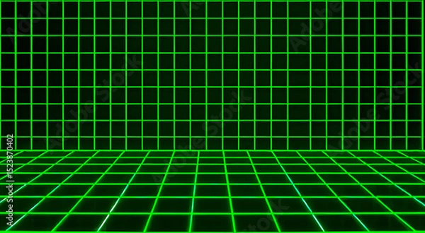 Fototapeta Futuristic 3D neon green grid background with glowing lines forming a virtual room. Perfect for sci-fi, gaming, or digital tech designs with a retro 80s cyber aesthetic