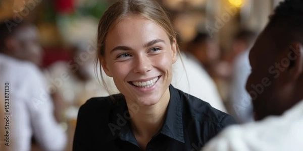 Obraz Friendly waitress welcoming guests in diverse cafe environment