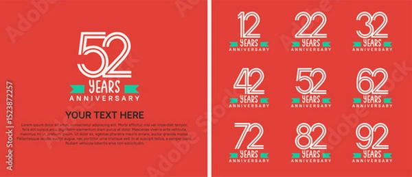 Fototapeta logo anniversary set. white color with green ribbon on orange background for special event