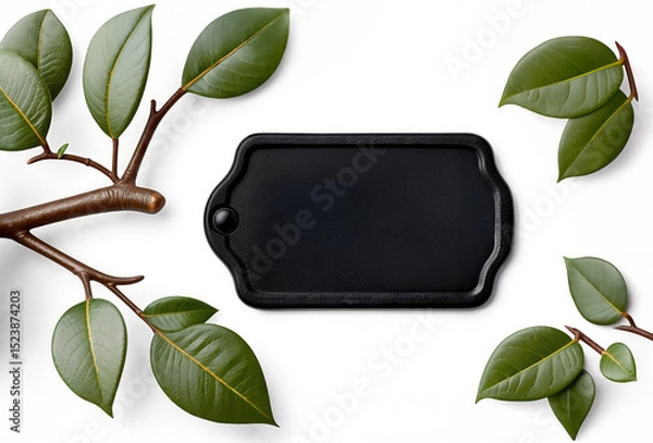 Fototapeta collage set of green leaves isolated with black label