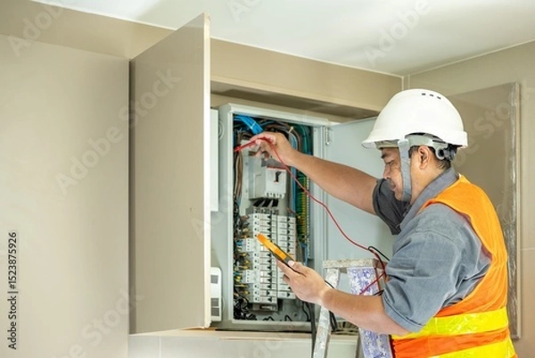 Fototapeta Professional electrician in safety helmet and reflective vest inspecting an electrical panel troubleshooting and performing maintenance for electrical systems