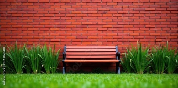 Fototapeta Bench sits alone on red brick wall in green grass with long sedges surrounding it, outdoor furniture, , red bricks