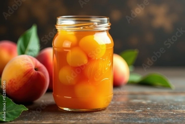 Fototapeta Close-up of canned peaches in a glass jar with sweet syrup dripping from the lid, syrupy liquid, canned peaches, fruit jar