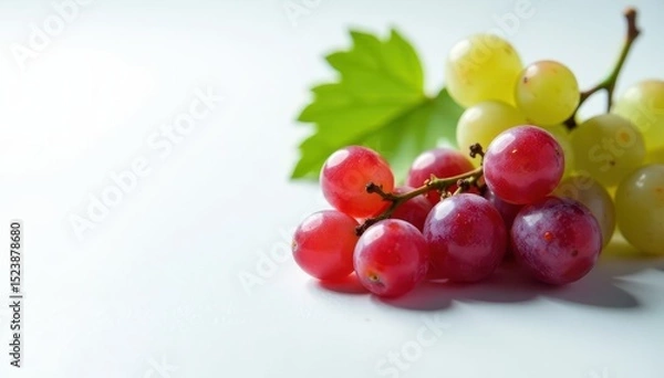 Fototapeta Close-up of isolated grape branches on white surface with tiny droplets , micro, close-up, grape branch
