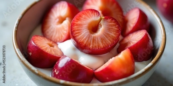 Fototapeta Close-up of juicy red plum halves in a bowl with creamy yogurt, food, bowl, yogurt