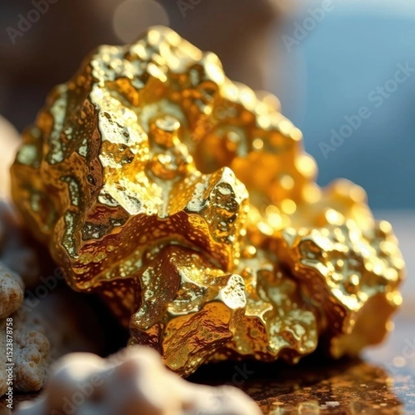 Fototapeta Close-up of golden ore nuggets with intricate crystals, golden ore, geode, natural wonders