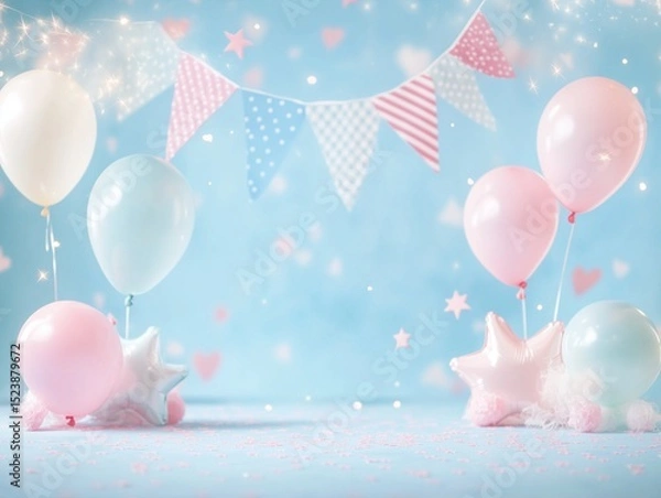 Fototapeta Playful Baby Shower or Birthday Party Background with Pastel Balloons Bunting and Sparkling Elements
