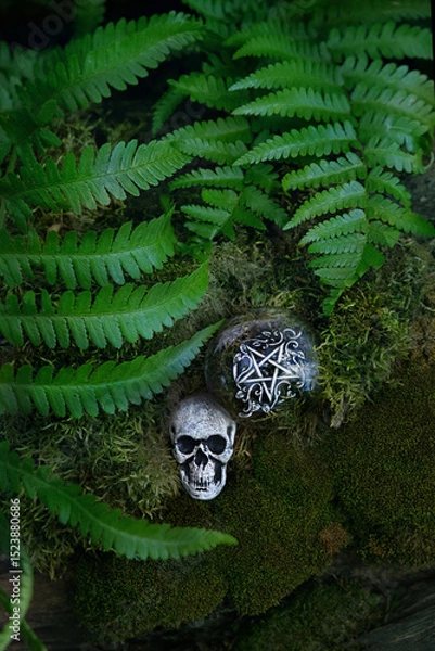Fototapeta Human skull occult amulet and pentacle talisman on moss close up, mystical forest. Mysticism, divination, wicca, occultism, Witchcraft concept. magic esoteric ritual. top view