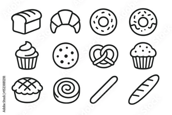 Fototapeta Collection of bakery icons: bread, croissant, donut, cupcake, pretzel
